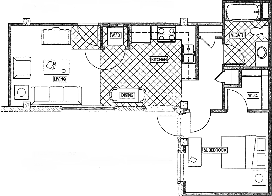 Floor plan for 1 bed, 1 bath, 565 sqft